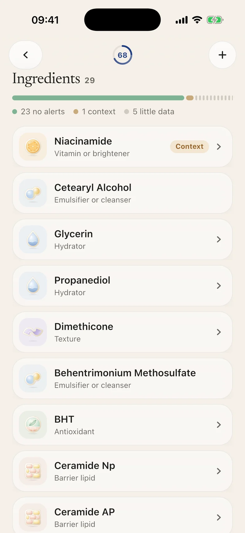 A product's ingredient list, each ingredient with what it does