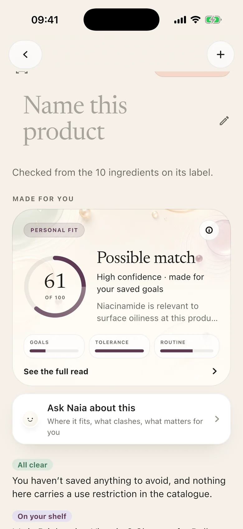 A product read from its label, checked against the ingredients on it