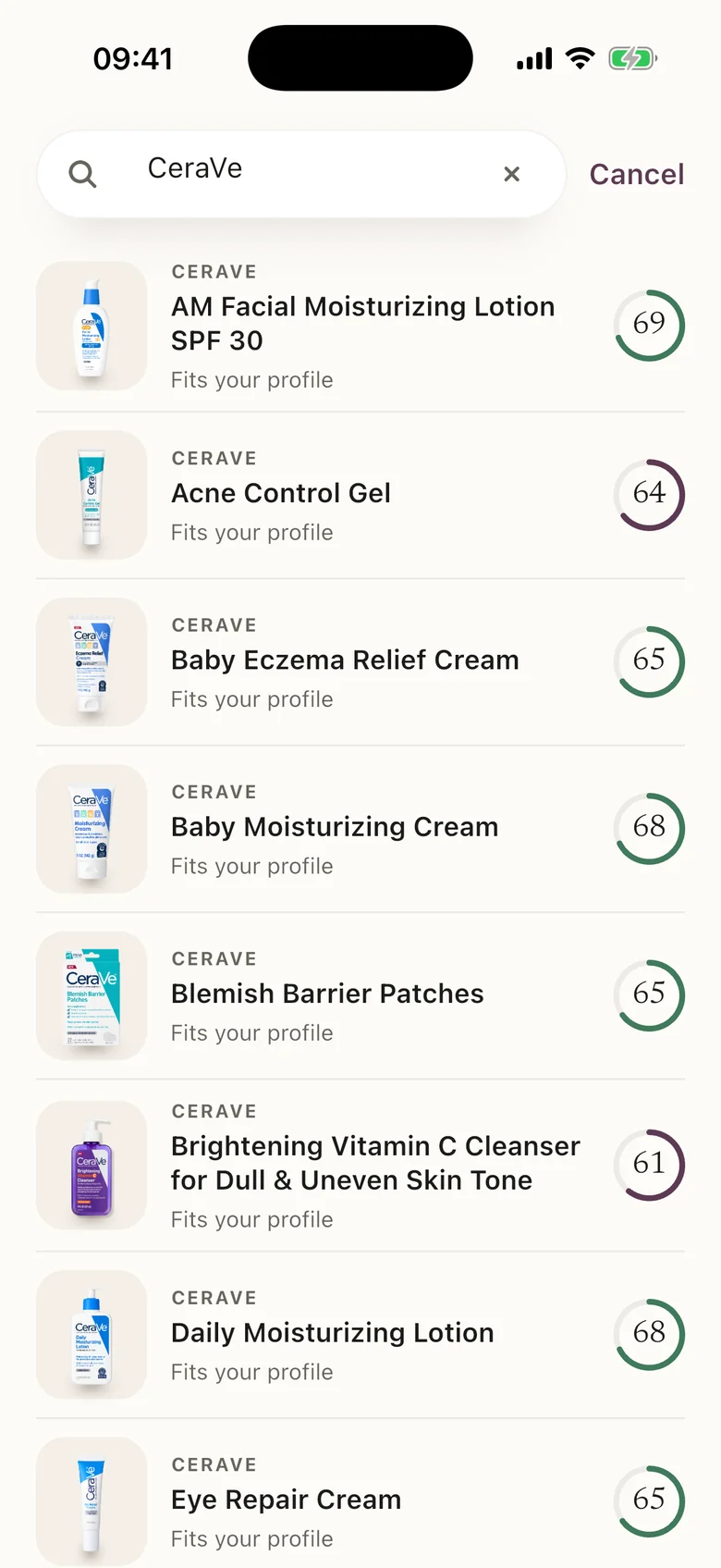 Search results, each product with a personal fit score